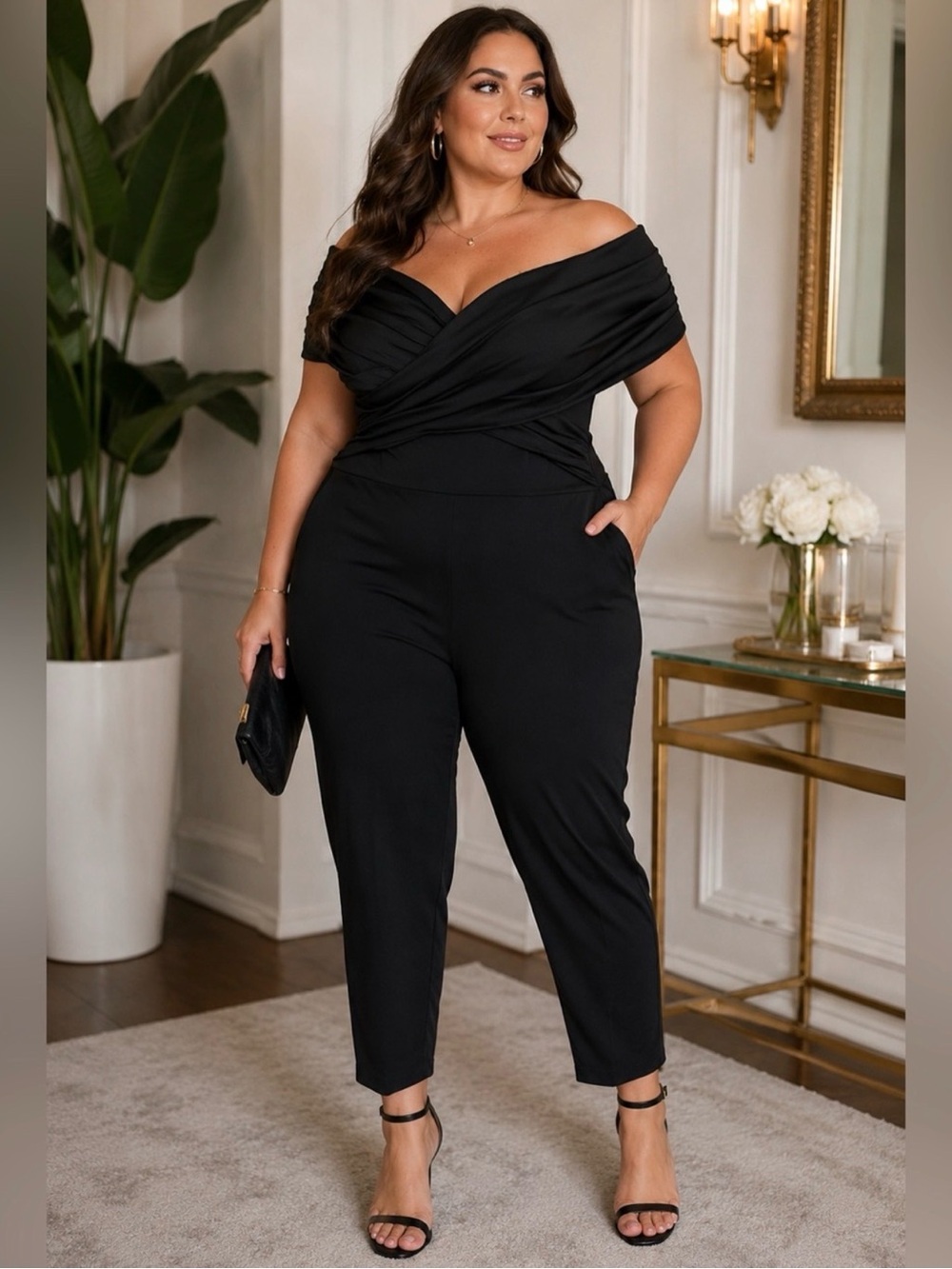 Plus Size Off-Shoulder Black Jumpsuit - Elegant Evening Wear